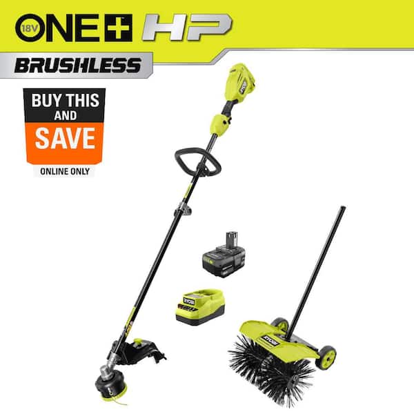 ONE+ HP 18V Brushless 15 in. Attachment Capable String Trimmer and Sweeper Attachment with 4.0 Ah Battery and Charger