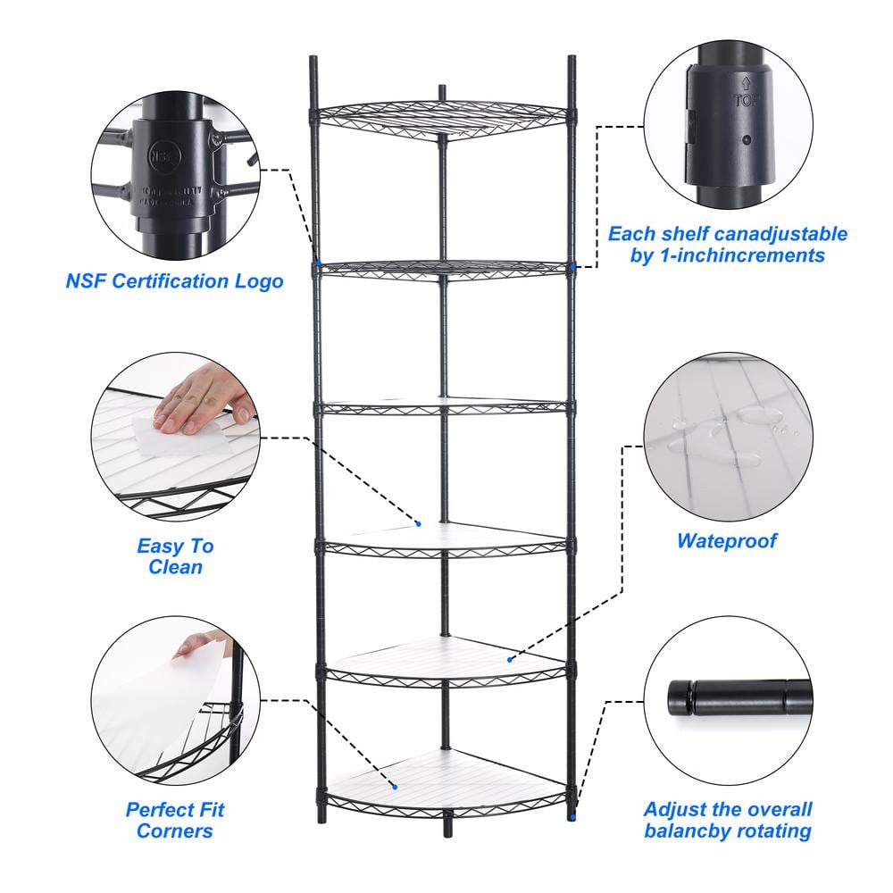 Black Adjustable 6-Tier Corner Wire Shelf Rack