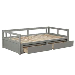 Wooden Daybed with Trundle Bed and 2 Storage Drawers, Extendable Bed Daybed,Sofa Bed for Bedroom Living Room - Gray