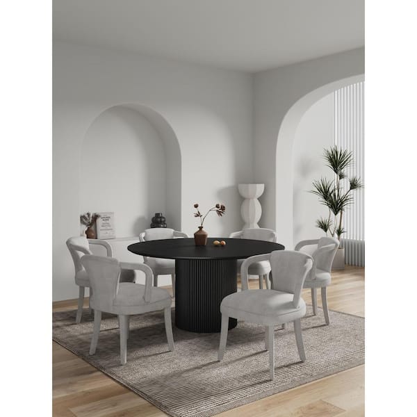 Manhattan Comfort Hathaway and Palmer 7-Piece Round Black and Silver Lining Ash Wood Top Dining Room Set Seats 6