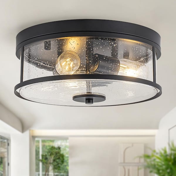 12.6 in. 3-Light Matte Black Modern Clear Seeded Glass Flush Mount Ceiling Light
