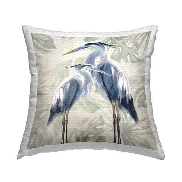 Herons and Leaf Pattern Green Square Outdoor Throw Pillow