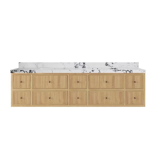 Willow Collections Sonoma Floating 84 in. H Double Sink Freestanding Light Natural Bath Vanity with Viola Night Quartz Top Unassembled