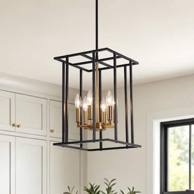 11.8 in. 6 - Light Black/Gold Industrial Geometric Cage Lantern Candle Chandelier for Dining Room Hallway Without Blub