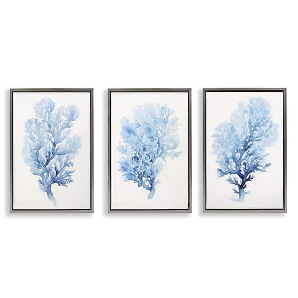 Indigo Coral Watercolors by Petal Prints Design 3 Pieces Gray Floater Frame Coastal Graphic Art Print 31 in. x 21 in.