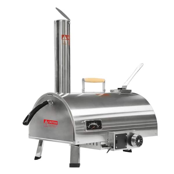 Unbranded 12 in. Wood Burning Automatic Rotatable Outdoor Pizza Oven with Built-in Thermometer, Pizza Cutter and Carry Bag, Silver