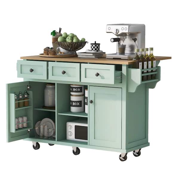 ARTCHIRLY Mint Green Solid Wood Top 53.1 in. Kitchen Island with Drop Leaf, Cabinet door internal storage racks and 3-Drawers