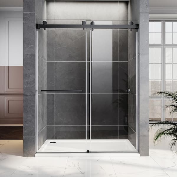 UKD01 56 to 60 in. W x 80 in. H Double Sliding Frameless Shower Door in Matte Black, EnduroShield 3/8 in. Clear Glass