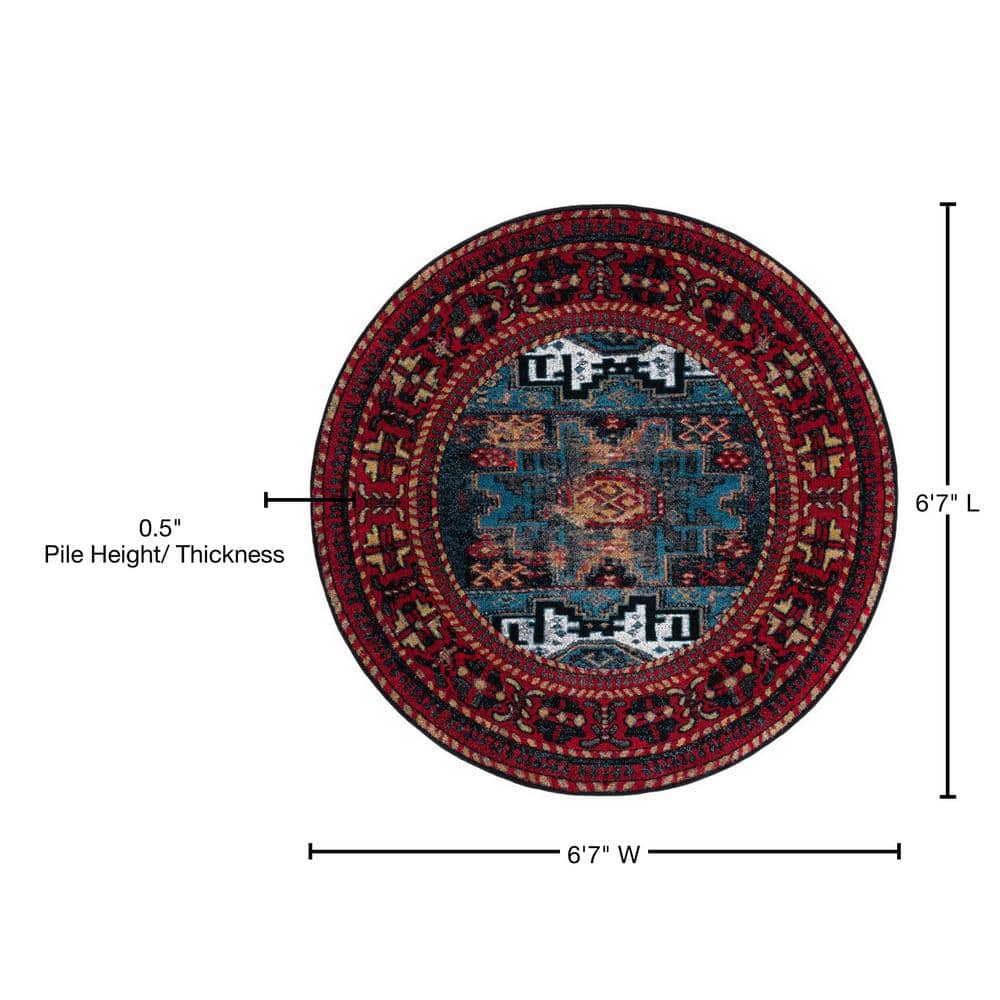 Vintage Red and Blue Round Floral Synthetic Rug