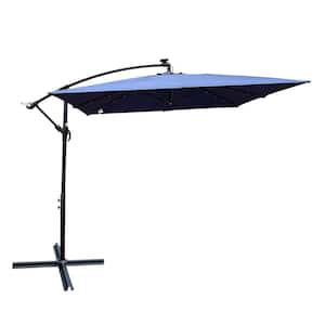 8 ft. Outdoor Patio Market Umbrella Solar Powered LED Sunshade Umbrella with Crank and Cross Base in Navy Blue