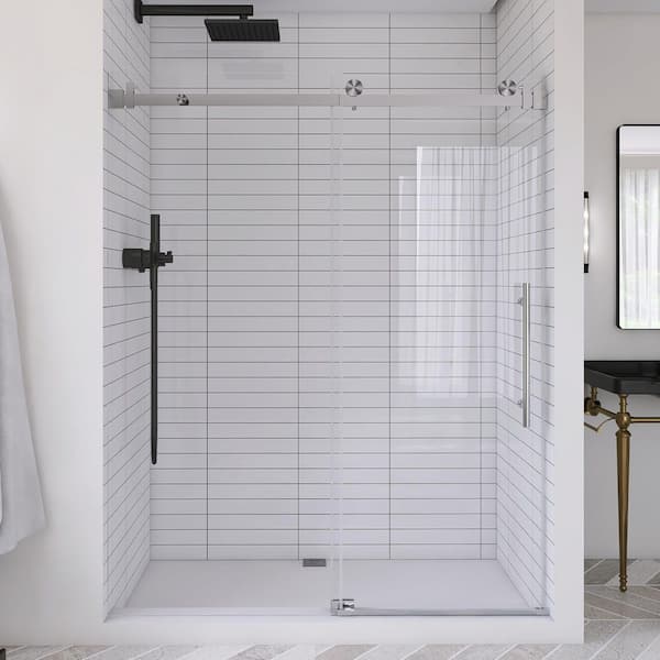 JimsMaison 72 in. W x 76 in. H Sliding Semi Frameless Shower Door in Brushed Nickel with Tempered Glass