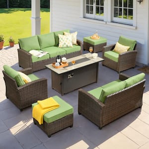 Antigone Gray 7-Piece Wicker Patio 53 in. Spacious Fire Pit Conversation Sofa Set with Green Cushions