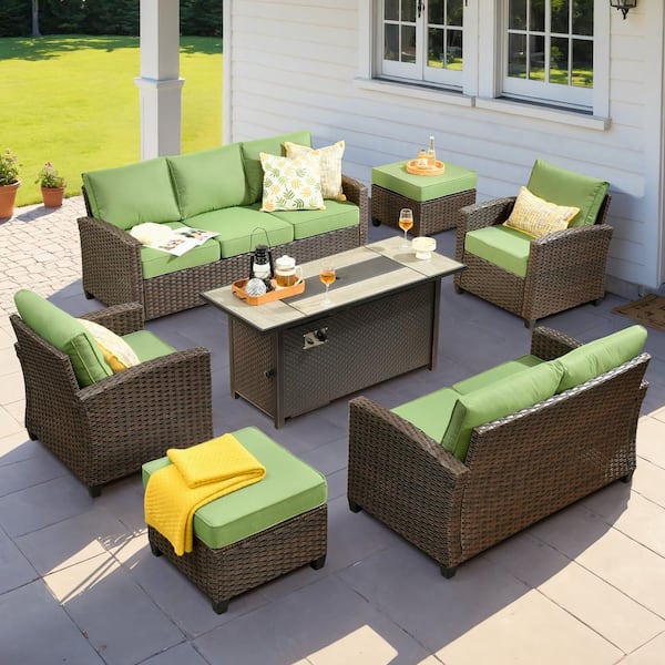 weaxty W Antigone Gray 7-Piece Wicker Patio 53 in. Spacious Fire Pit Conversation Sofa Set with Green Cushions