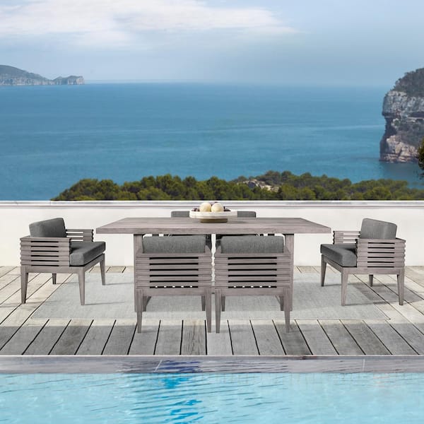 Vivid Light Gray 7-Piece Eucalyptus Wood Outdoor Dining Set with Light Gray Cushions