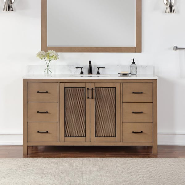 Altair Hadiya 60 in. W x 22 in. D x 34 in. H Bath Vanity in Brown Pine with Carrara White Composite Stone Top