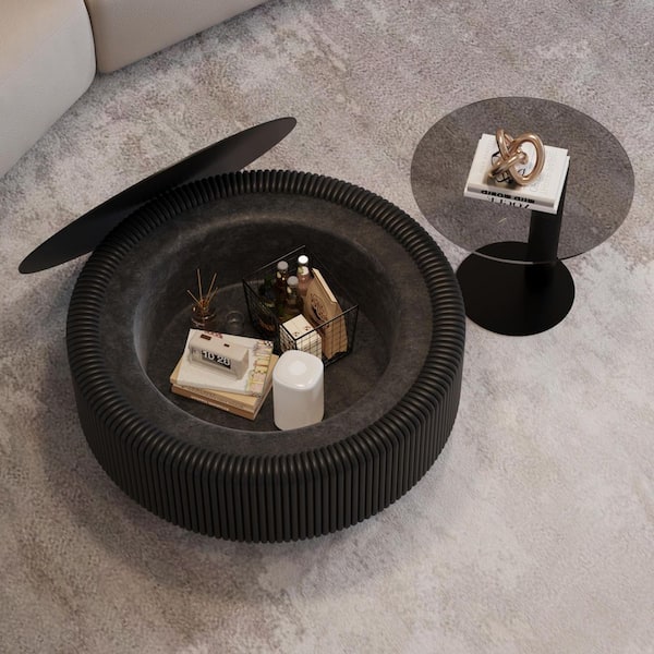 Ryder Modern 31.5 in. Black Round Tempered Glass Coffee Table with Metal Base, Hidden Storage