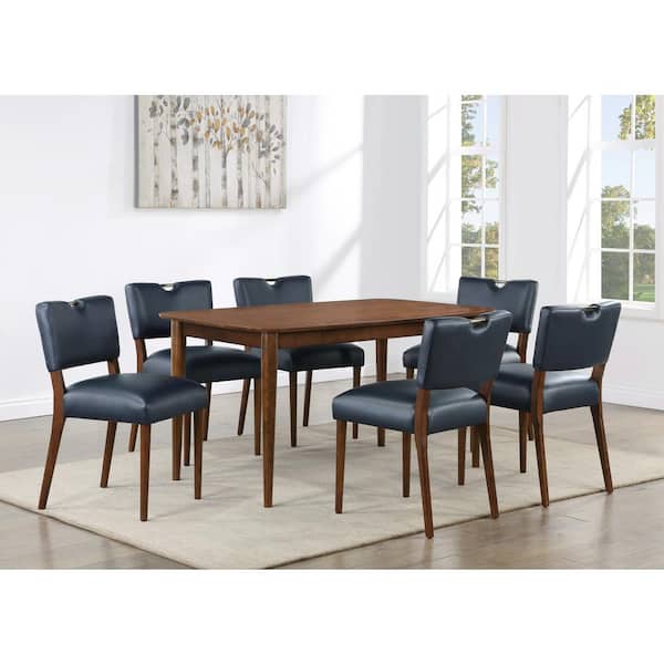 Unbranded Bonito 59-in. Rectangular 7-piece Dining Set in Walnut Finish with Midnight Blue Faux Leather
