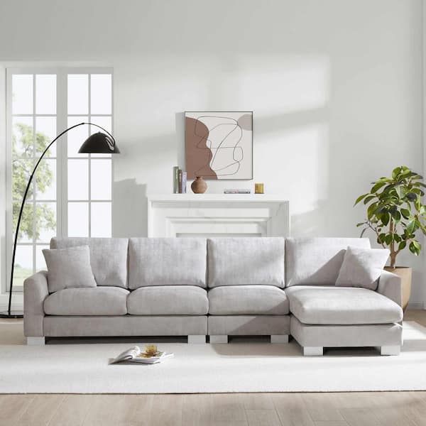 119 in. Square Arm Chenille L-shaped Sofa with 2 Free pillows in. Light Gray