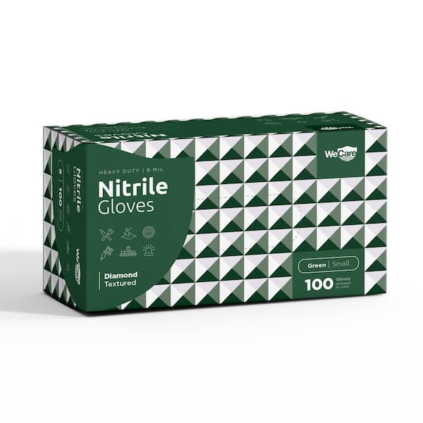 WeCare 8 Mil Small Heavy-Duty Nitrile Gloves in Green with Diamond Texture Grip Powder and Latex Free (100-Count)