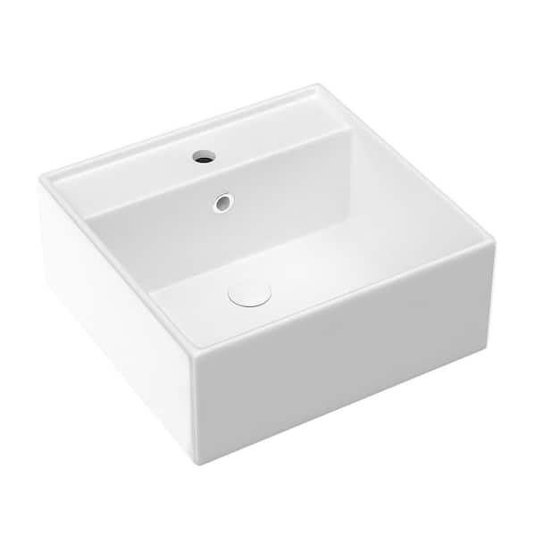 JimsMaison White Ceramic Square Vessel Sink
