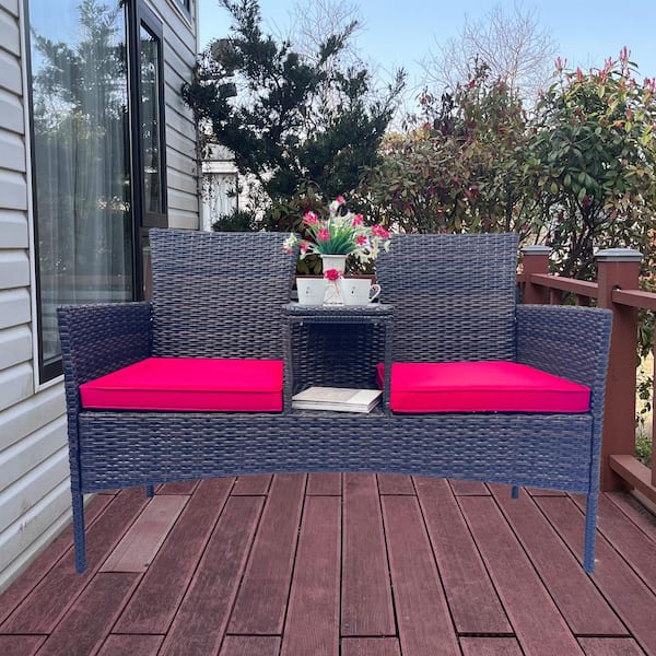 Tenleaf Brown Wicker Outdoor Loveseat with Red Cushions, Built-in Coffee Table, Tempered Glass Top and Removable Cushions