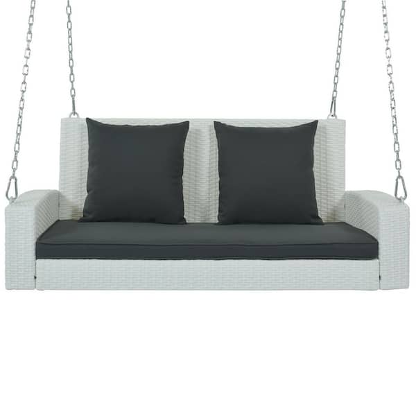 Unbranded 2-Person White Wicker Hanging Porch Swing with Chains, Gray Cushion and Pillow for Garden, Backyard, Outdoor