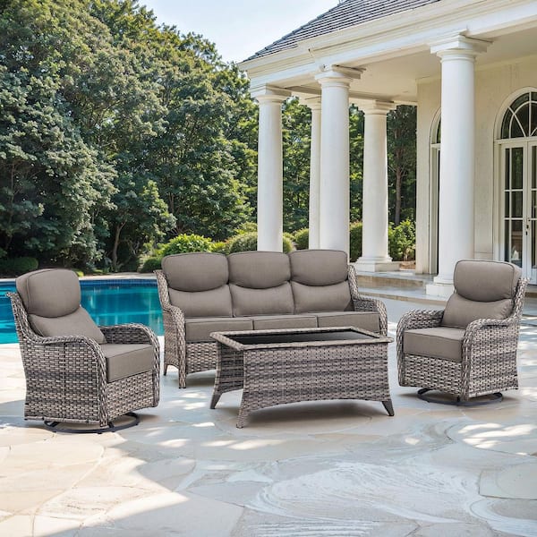 JHXL 5-Piece Outdoor Gray Wicker Patio Conversation Set Swivel Rocking Chair with Gray Cushions