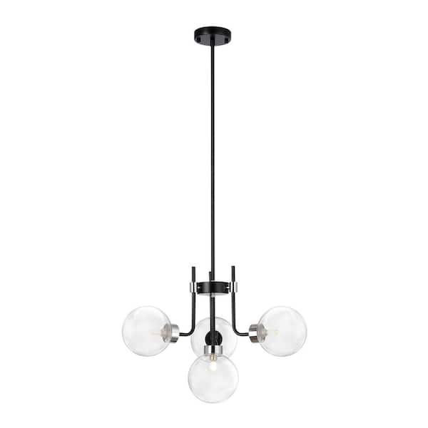 Unbranded Mille 4-Light Matte Black Chandelier with Clear Globe Glass Shade for Dining Room with No Bulbs Included