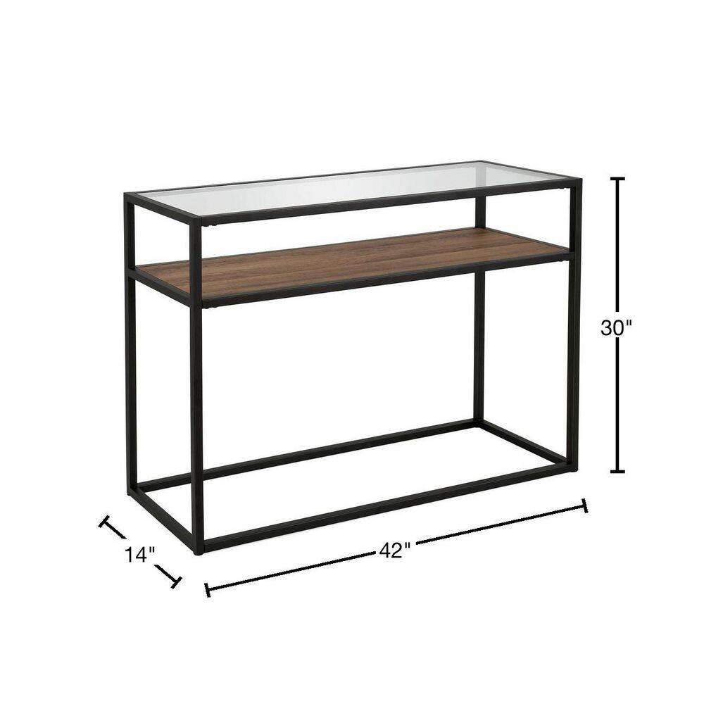 Addison Blackened Bronze 42" Glass Top Console Table with Oak Shelf