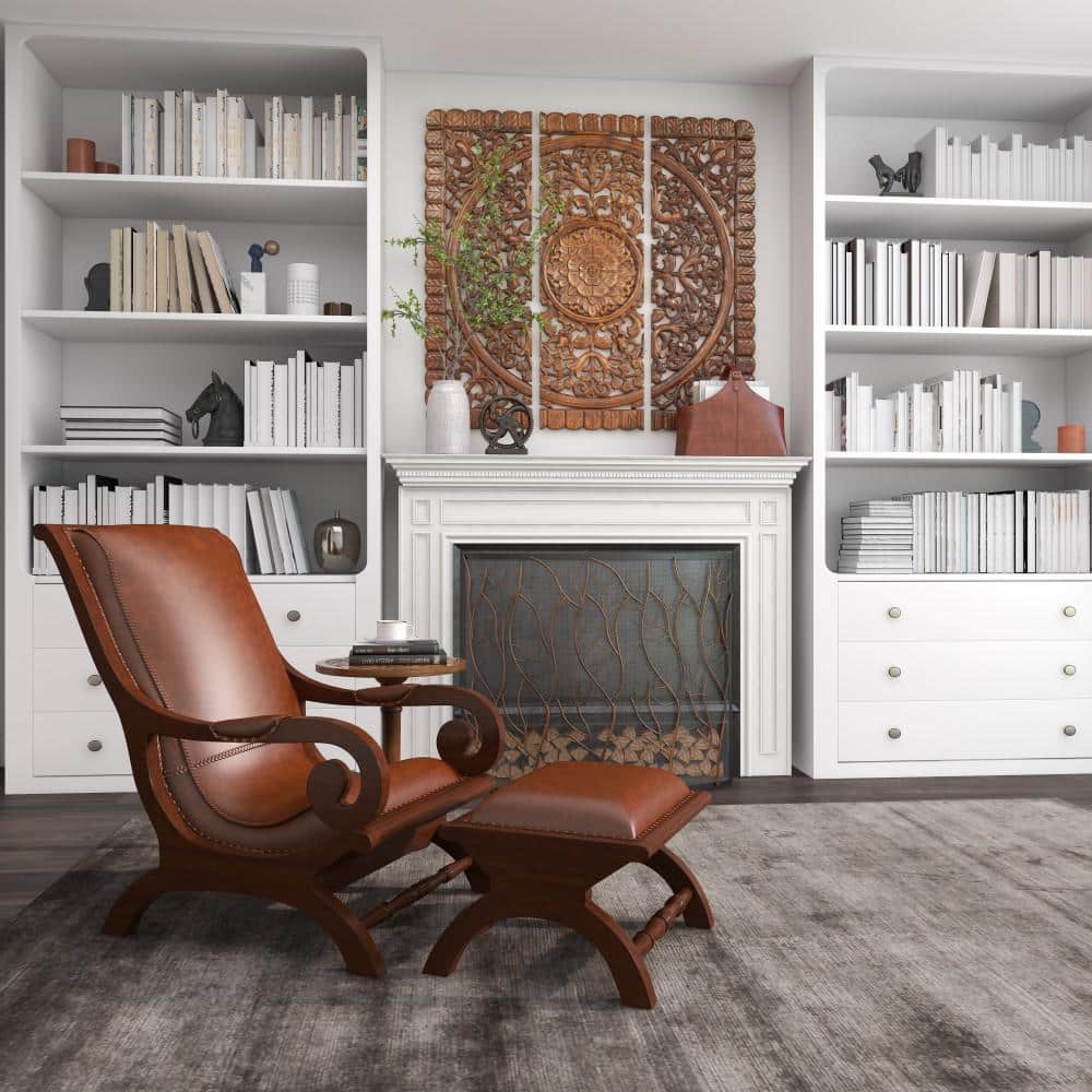 Handcrafted Brown Leather and Teak Wood Accent Chair with Ottoman