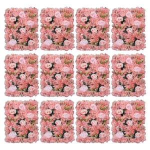 Pink 23 .6 in. x 15.7 in. Artificial Floral Wall Panel Silk Rose Backdrop Decor 12-Pieces