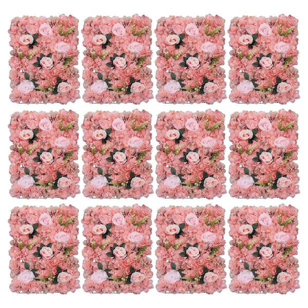 YIYIBYUS Pink 23 .6 in. x 15.7 in. Artificial Floral Wall Panel Silk Rose Backdrop Decor 12-Pieces