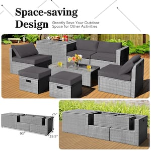 8-Pieces Wicker Patio Conversation Set Storage with Waterproof Cover and Grey Cushion