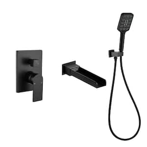 Waterfall Single-Handle Wall Mount 3-Spray Roman Tub and Shower Faucet with Handheld Shower Matte Black Valve Included
