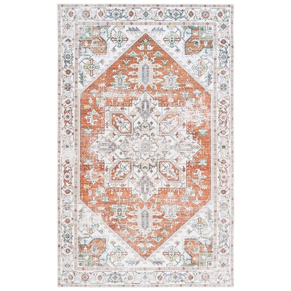 SAFAVIEH Arizona Ivory/Rust Doormat 3 ft. x 5 ft. Geometric Machine Washable Medallion Area Rug