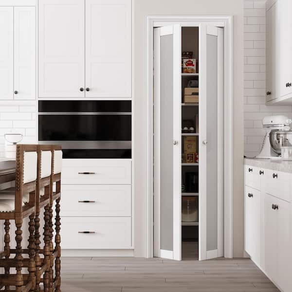 24 in. x 80 in. 1-Lite Frosted Glass Solid Core White Finished (Pivot French) Glass Bi-fold Door with 2-Type of Hardware