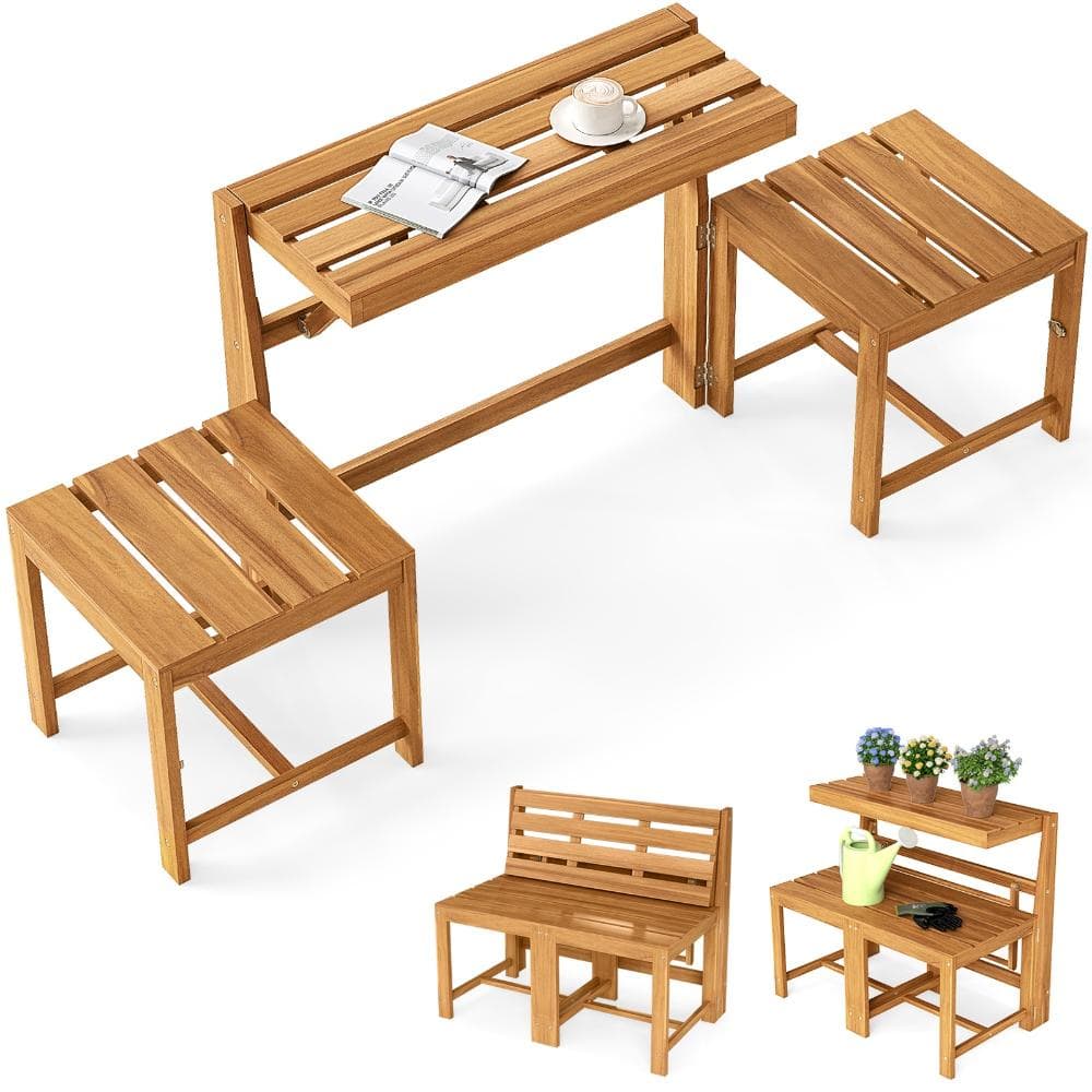 3-in-1 Acacia Wood Convertible Outdoor Loveseat Bench and Table Chair Set, Natural price history on PriceWatchPro