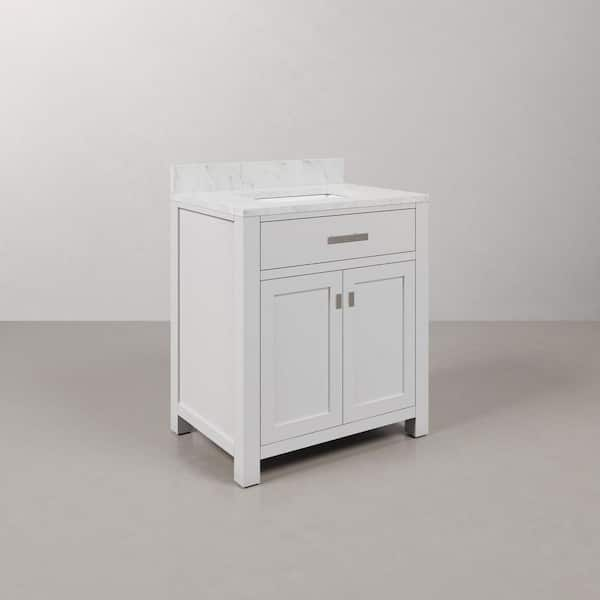 Madison 30 in. W x 21.5 in. D x 34 in. H Single Sink Bath Vanity in Pure White with Carrara White Marble Top