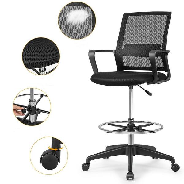 FORCLOVER Swivel Black Mesh Fabric Seat Office Drafting Chair with Flip-Up Arms and Lumbar Support