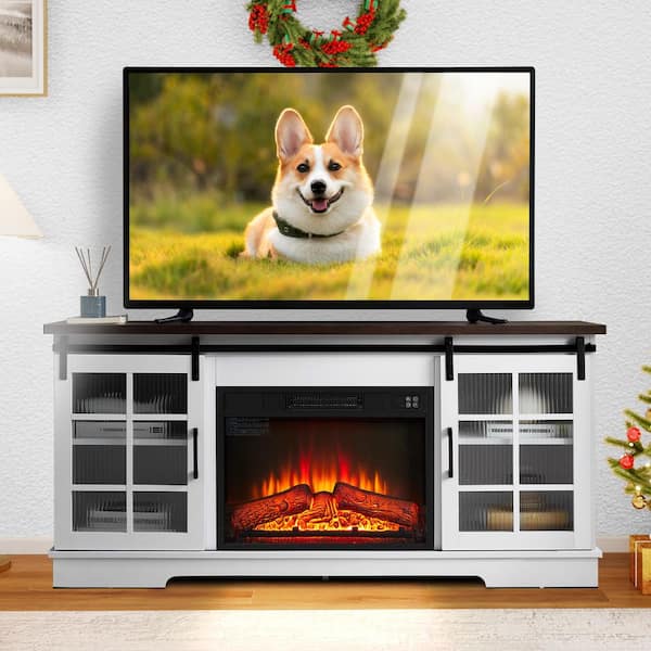 59 in. Freestanding Sliding Door TV Stand with 23 in. Fireplace, Large Storage Cabinet,TV up to 65 in.,White