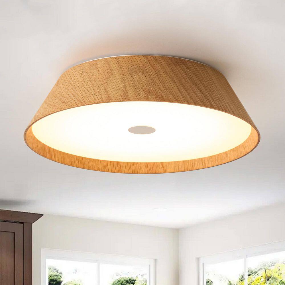 Ligna 13.2 in. Modern Farmhouse Oak Wood Finish Integrated Dimmable LED Flush Mount with Cone Shades price history on PriceWatchPro