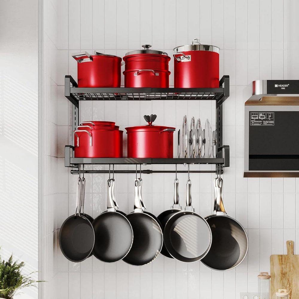 Lynzavix Black Expandable Wall Mounted Pot Rack 2 Tier Adjustable Heavy ...