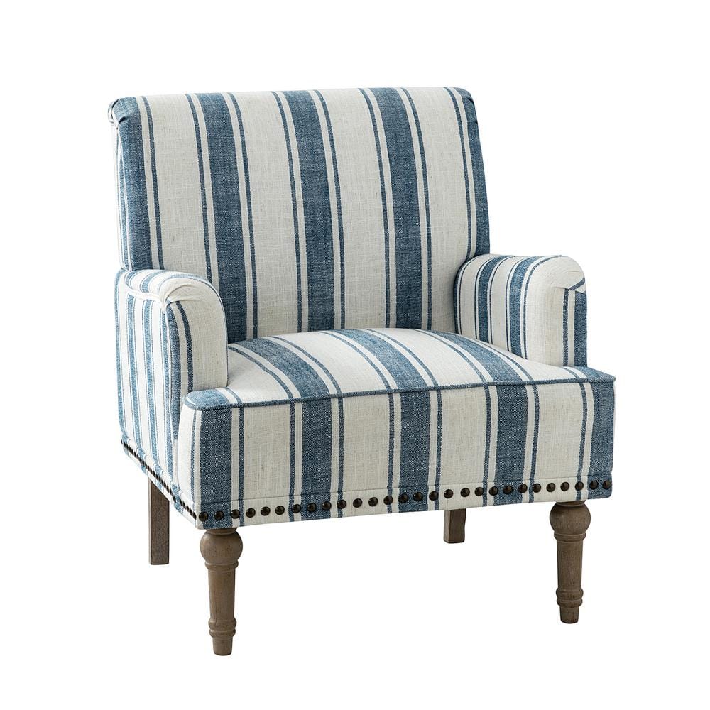 Navy and White Striped Polyester Accent Chair with Wooden Legs