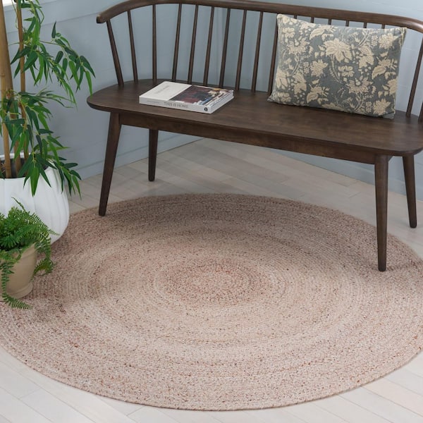 Braided 5 ft. x 5 ft. Tan Solid Color Distressed Round Area Rug