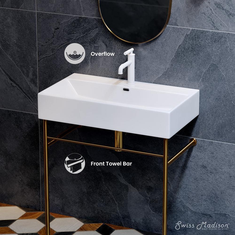 Claire 30" White Ceramic Console Sink with Brushed Gold Legs