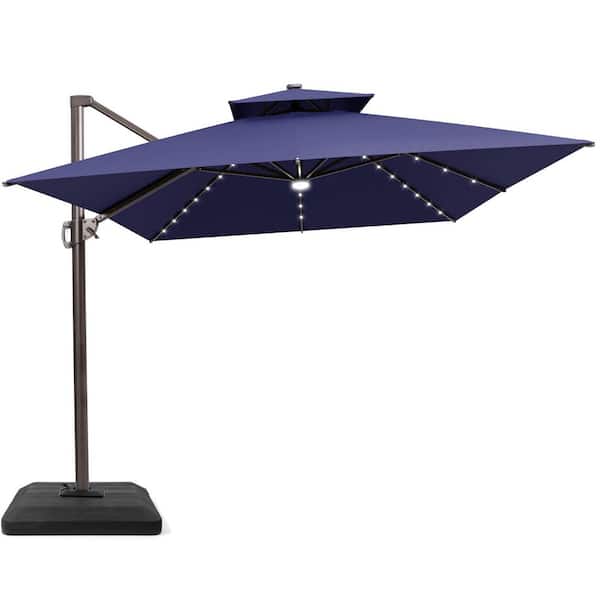 13 ft. x 10 ft. LED Rectangular Swivel Double Cantilever Patio Umbrella in Navy Blue with 220 lbs. Base