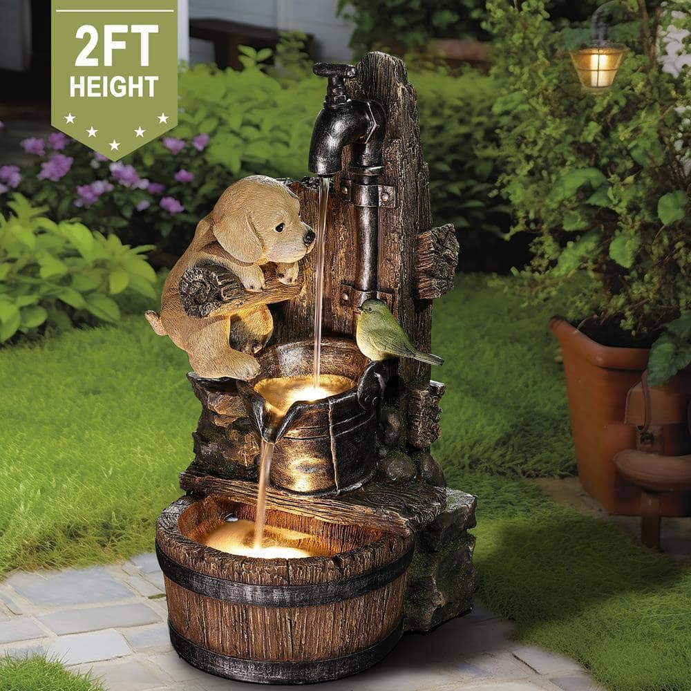 Farmhouse Brown Resin Fountain with Puppy and Bird Scene