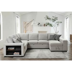 125 in. U-Shaped Polyester Sectional Sofa in Beige with Pull-out Bed, Storage Chaise, Cabinet