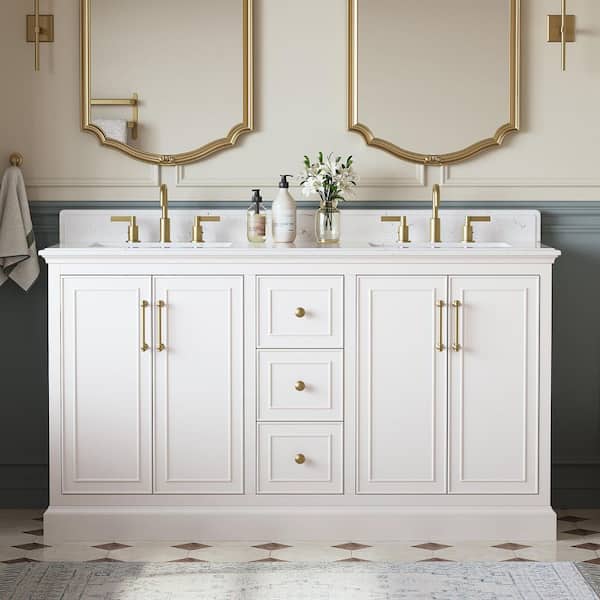 Ravenscroft 61 in. Double Sink White Swan Bath Vanity with Carrara White Engineered Stone Top (Assembled)
