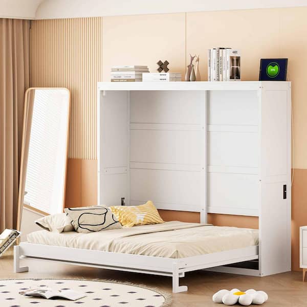 White Wood Frame Full Murphy Bed